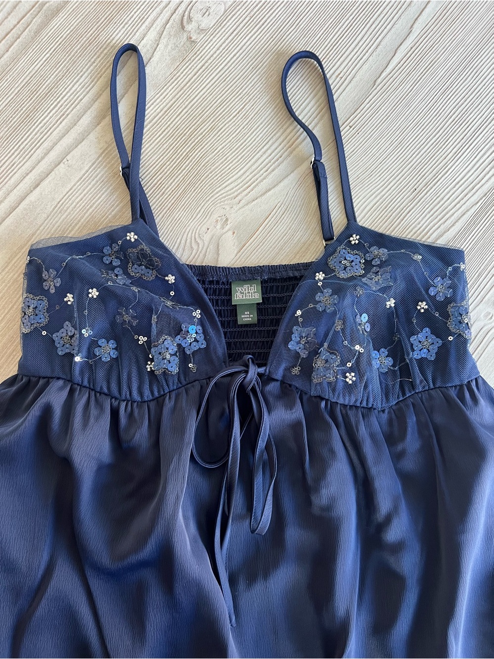 Navy Embroidered Satin Chemise with Adjustable Spaghetti Straps - Picture 7 of 9